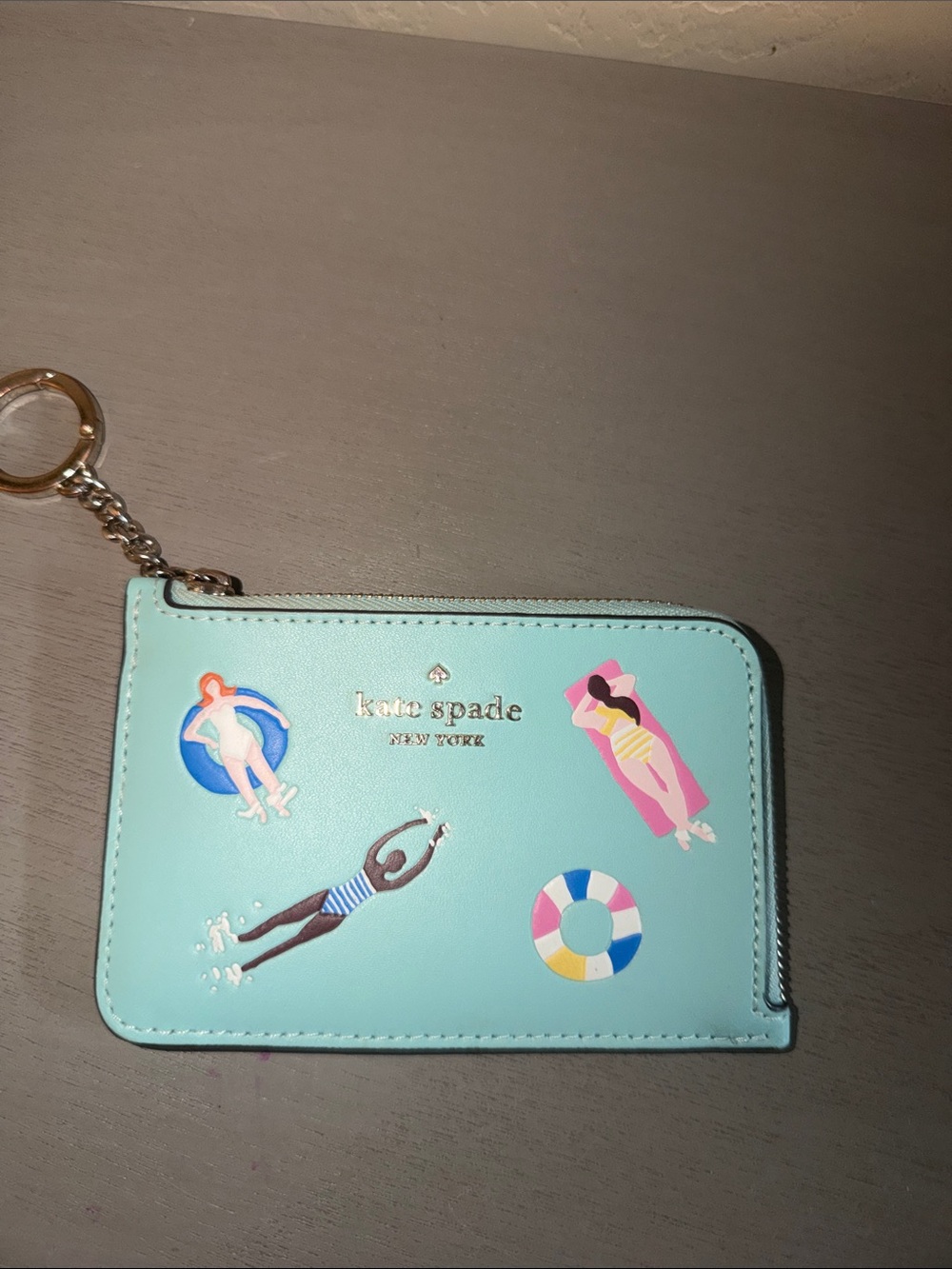 kate spade aqua swim-themed zip card case keychain